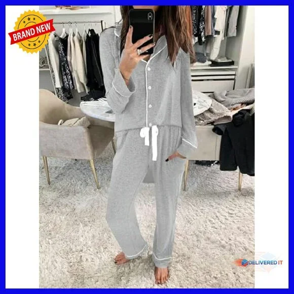 Soft Viscose Long Sleeve Pajama Set with Pockets Button Down Lounge